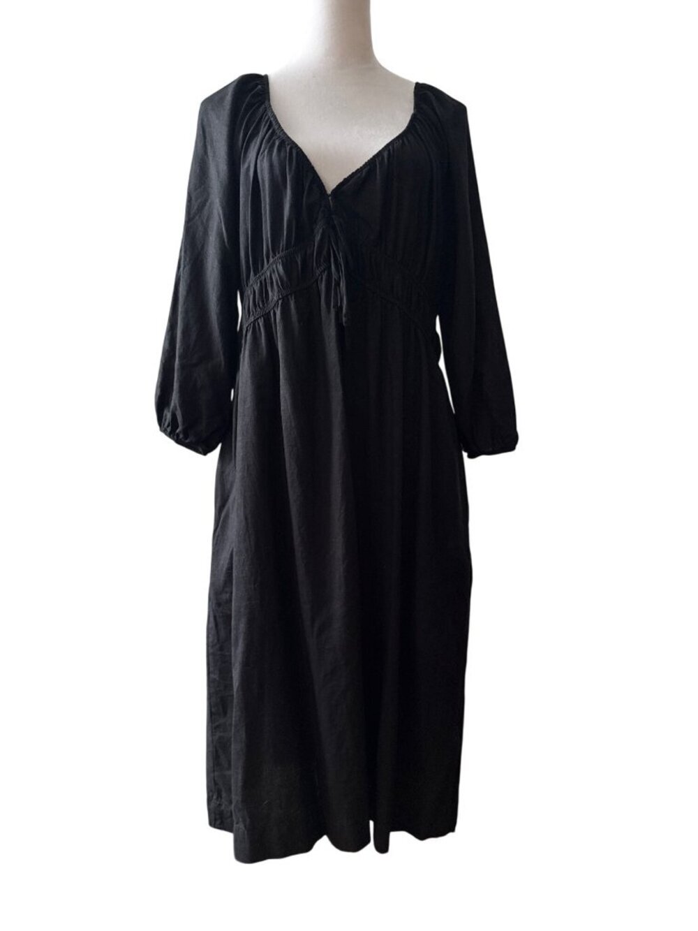 Black Tie-Front 3/4 Puff Sleeve Midi Linen Blend Boho Dress Size Large